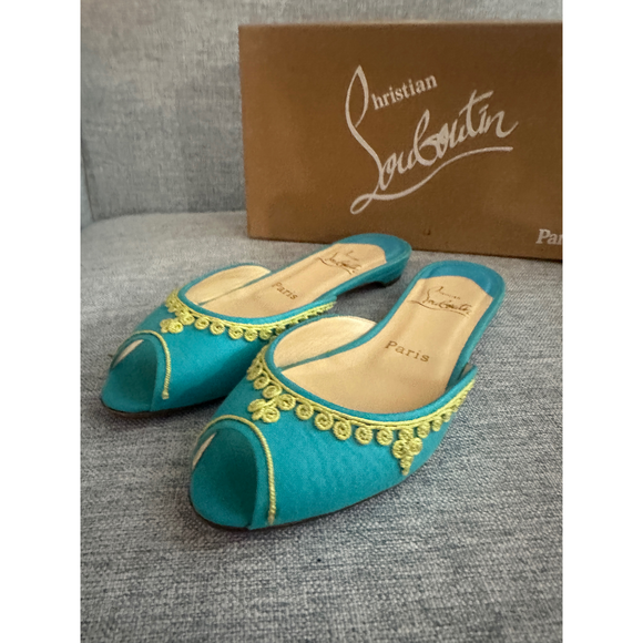 Christian Louboutin Shoes - Christian Louboutin embroidered peep-toe slides in turquoise with gold